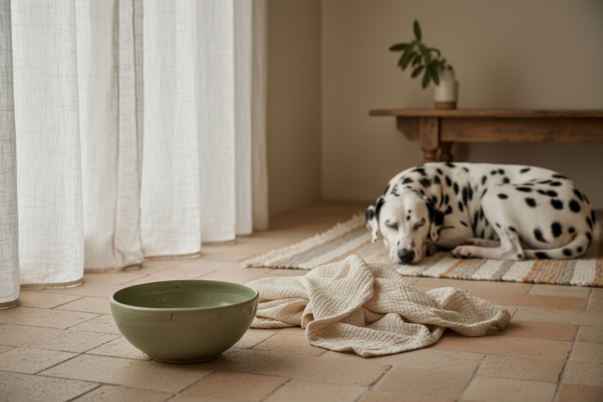 Angolo casa slow living con coperta in cotone piegata a terra e ciotola in ceramica pastello per cane — idea arredo per cane che resta a casa ad agosto