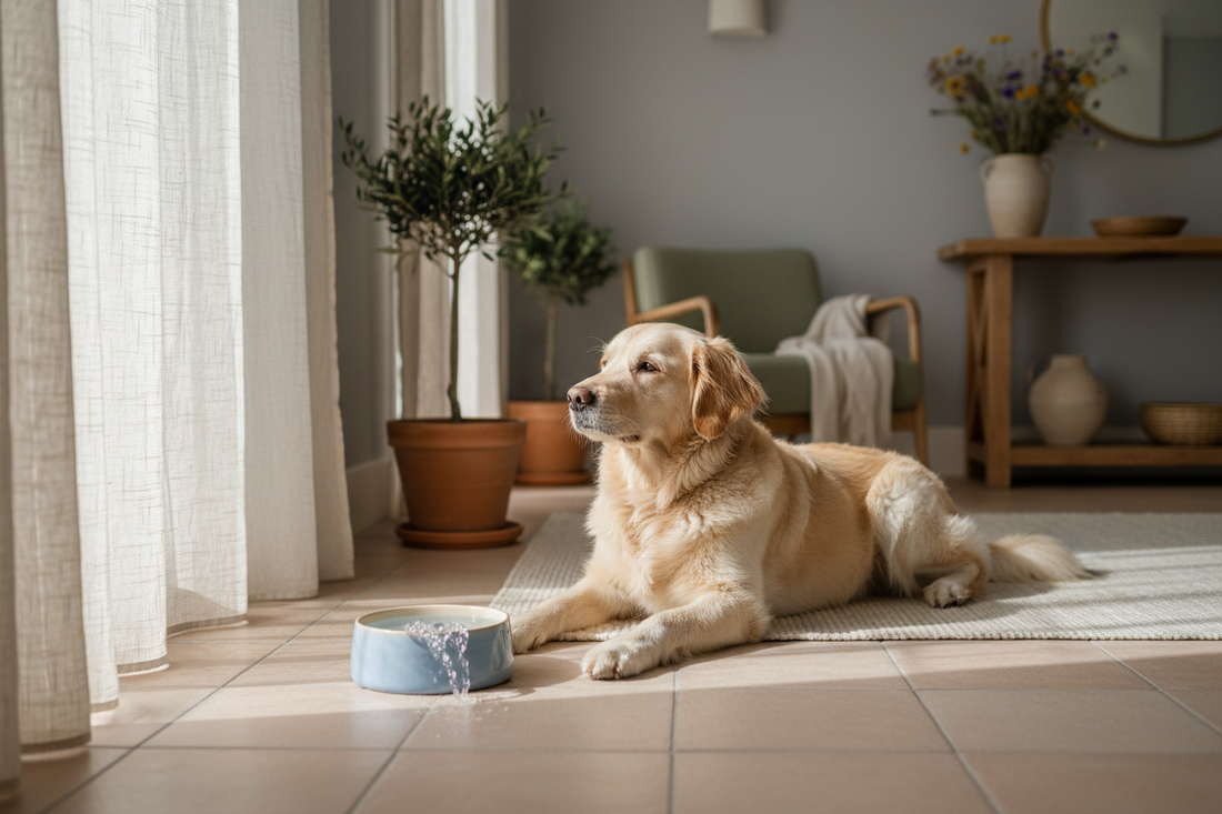 Cane sdraiato su pavimento fresco accanto a una ciotola in ceramica con acqua — consigli per proteggere il cane dal caldo estivo