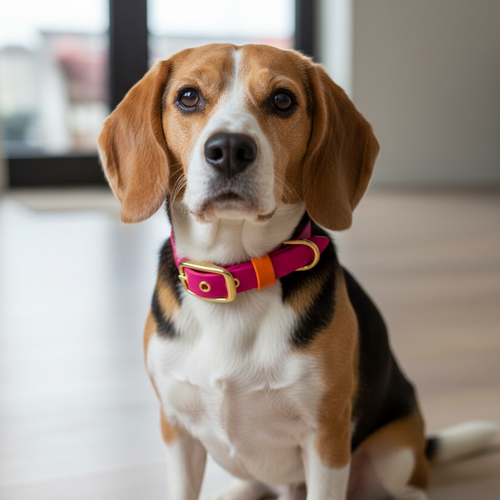 Beagle con collare fucsia impermeabile