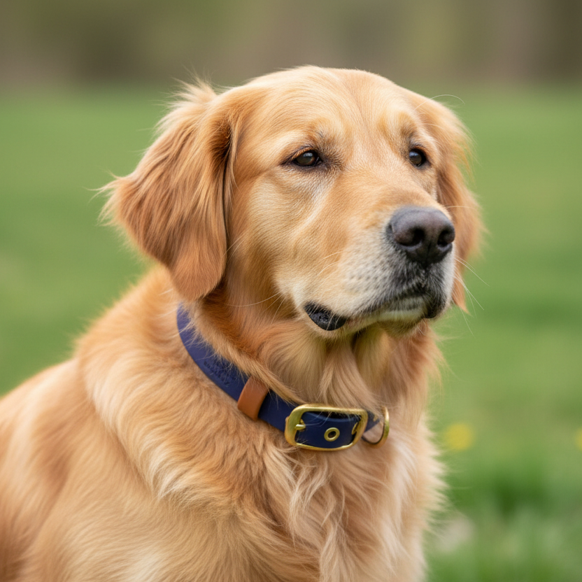 Golden Retriever con collare blu impermeabile